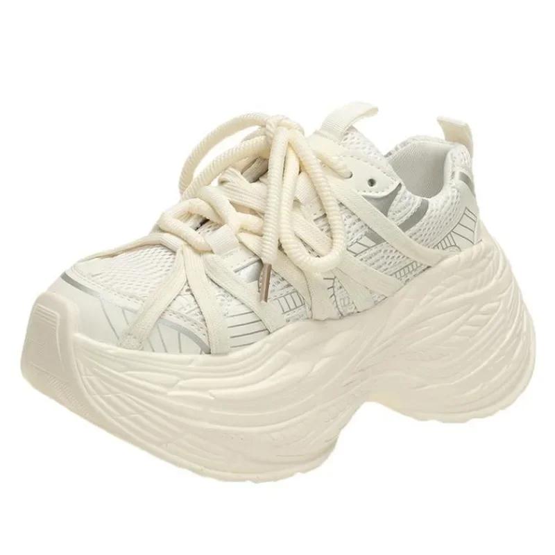 Móda 8CM Nové Prodyšné Síťované Jaro Podzim Robustní Podpatky Tenisky Vysoká Platforma Tatínkovské Boty Dámská Móda Klínky Ležérní Chůze Tenisky
