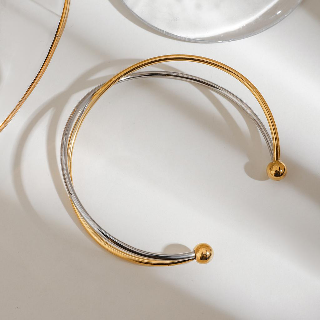 Zora Simple 18K Gold Stainless Steel Line Cross Opening Bracelet Gold and Zinc Alloy Matching Color Women's Fashion Zircon