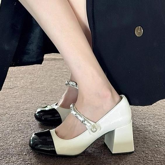 Summer Shoe Women's High Heels Shoes Women Mary Janes Pumps Square Toe Leather Sandals Black White Patchwork
