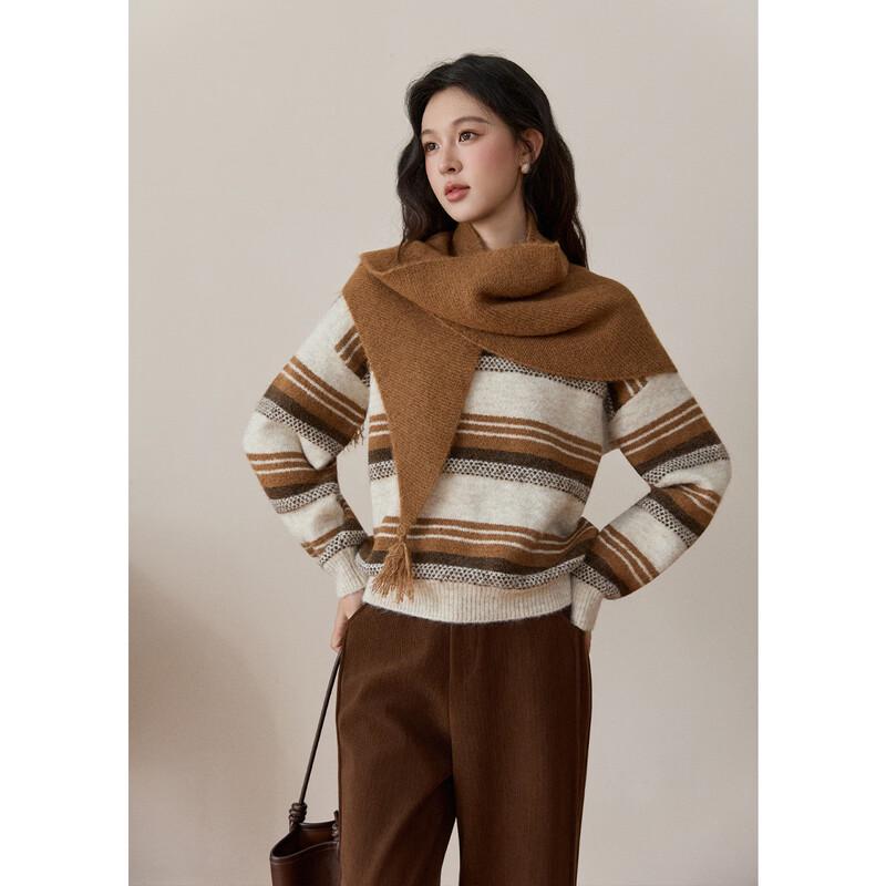 Women's Retro Striped Wool Blend Knit Shawl Two-Piece Sweater Set