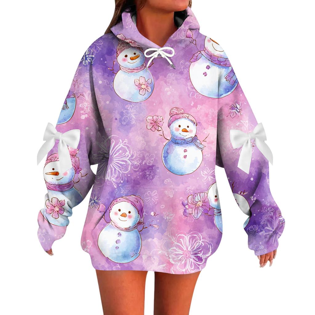 Ladies' Christmas Printed Bow Long Sleeved Loose Fitting Headband With Rope Hooded Sweatshirt Top