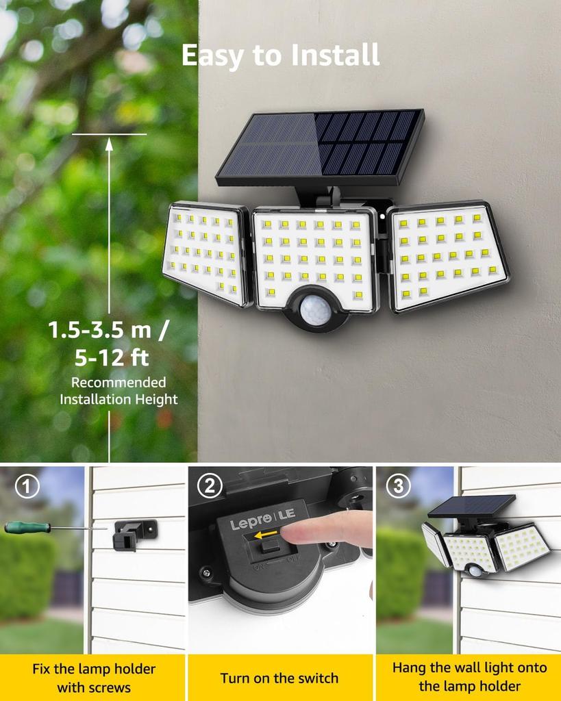 LE Solar Lights for Outside, Solar Lights Outdoor with Motion Sensor, WL4000 High Brightness, 3 Adjustable Heads 270° Wide Light