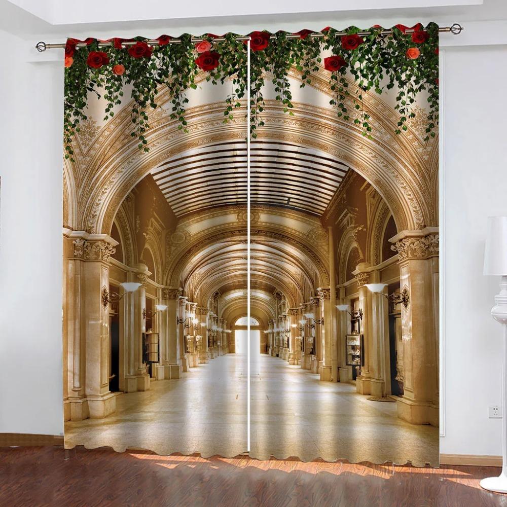 Living Room Curtains 2 Pieces Fashion 3D Golden Corridor Printed Polyester Eye Blackout Curtain Fabric Two Panels