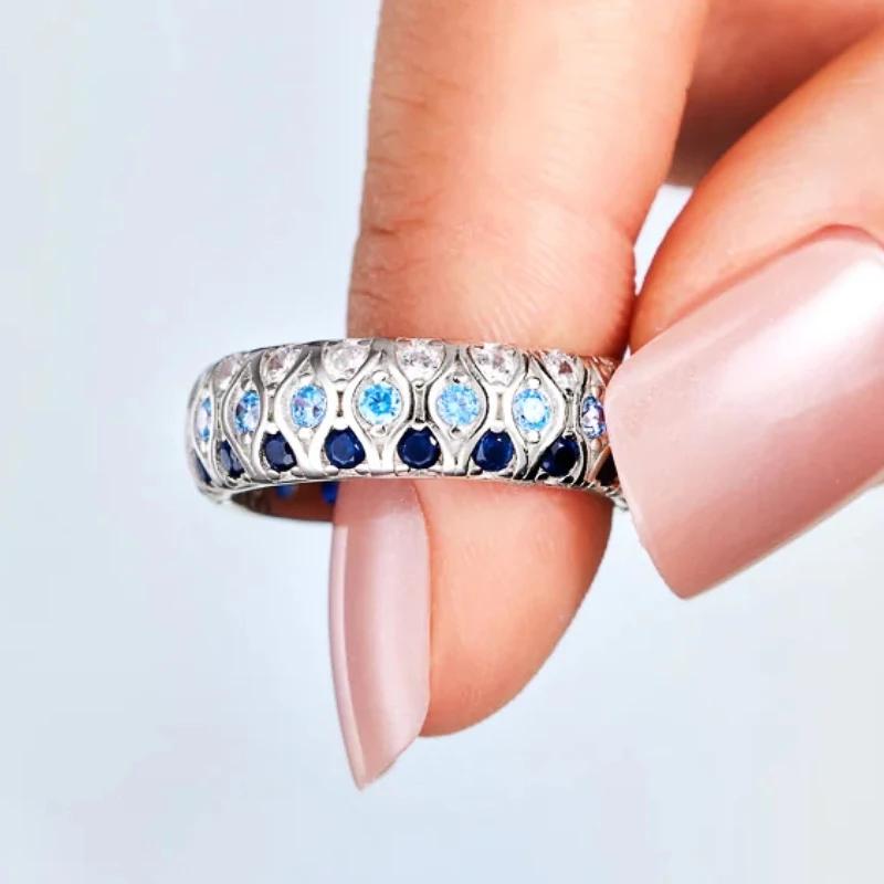 Huitan Luxurious Blue Cubic Zirconia Rings Female Charming Trendy Creative Attractive Accessory Gorgeous Versatile Party