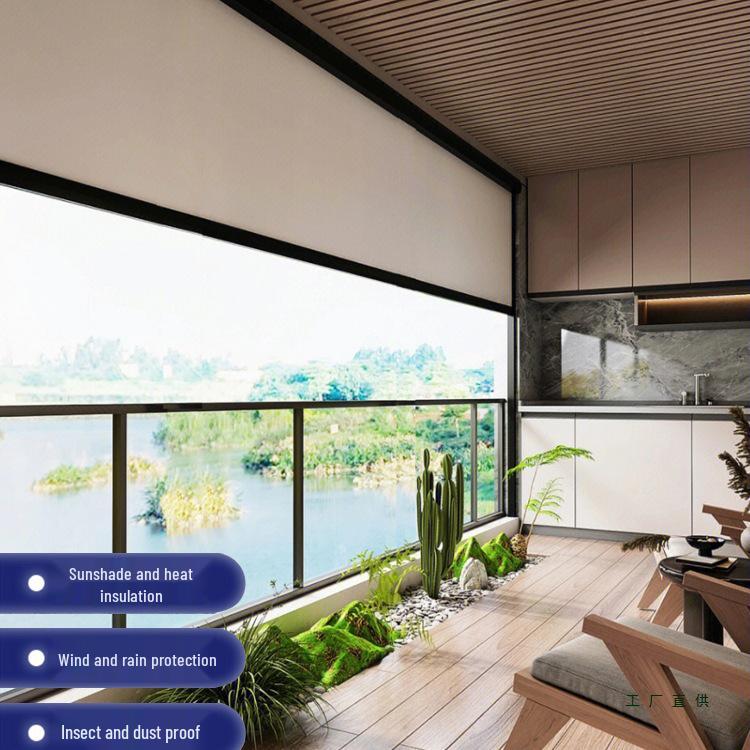 Smart Windproof Electric Roller Blind: Automatic Lifting, Light Blocking, Rainproof, Mosquito-Proof, Remote-Controlled Balcony Curtain.