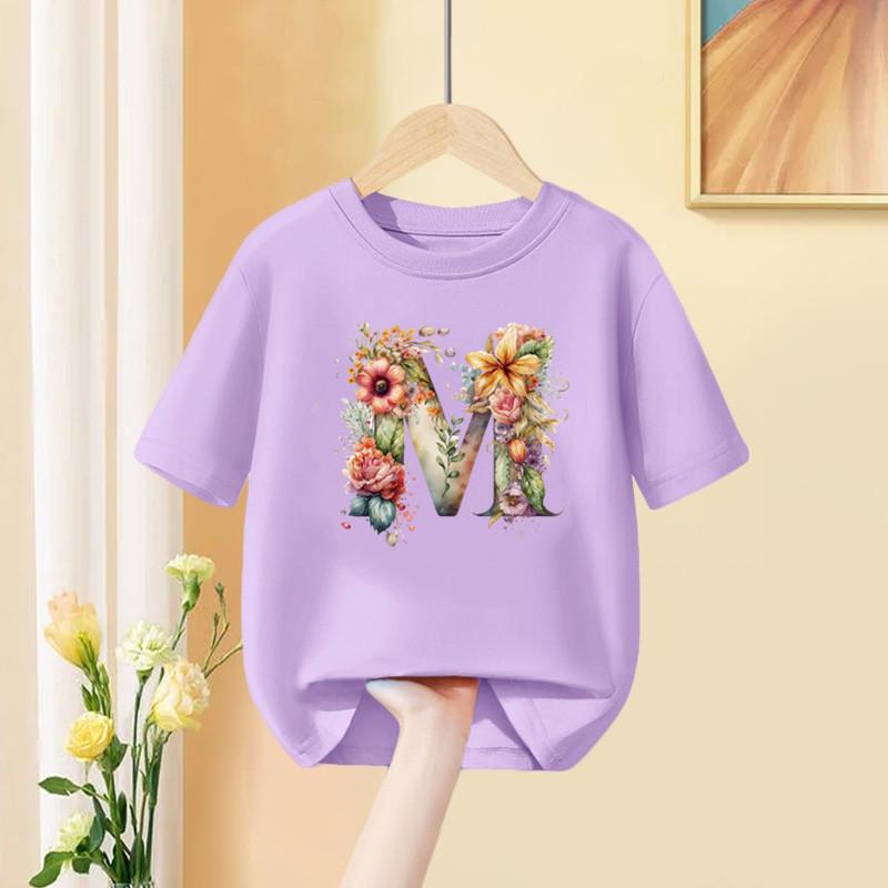 Mädchen T-Shirt 26 Englische Buchstaben A B C D Kindermode Blume T-Shirt Kinder Benutzerdefinierter Name Buchstabe Sommer Lila Kleidung