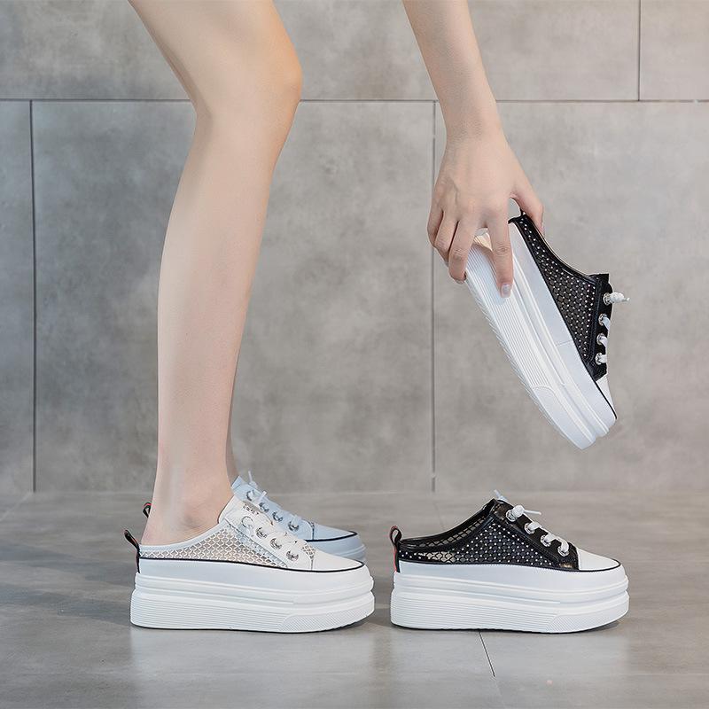New thick-soled bag head half slippers women's summer outer wear mesh breathable muffin casual little white shoes lazy shoes