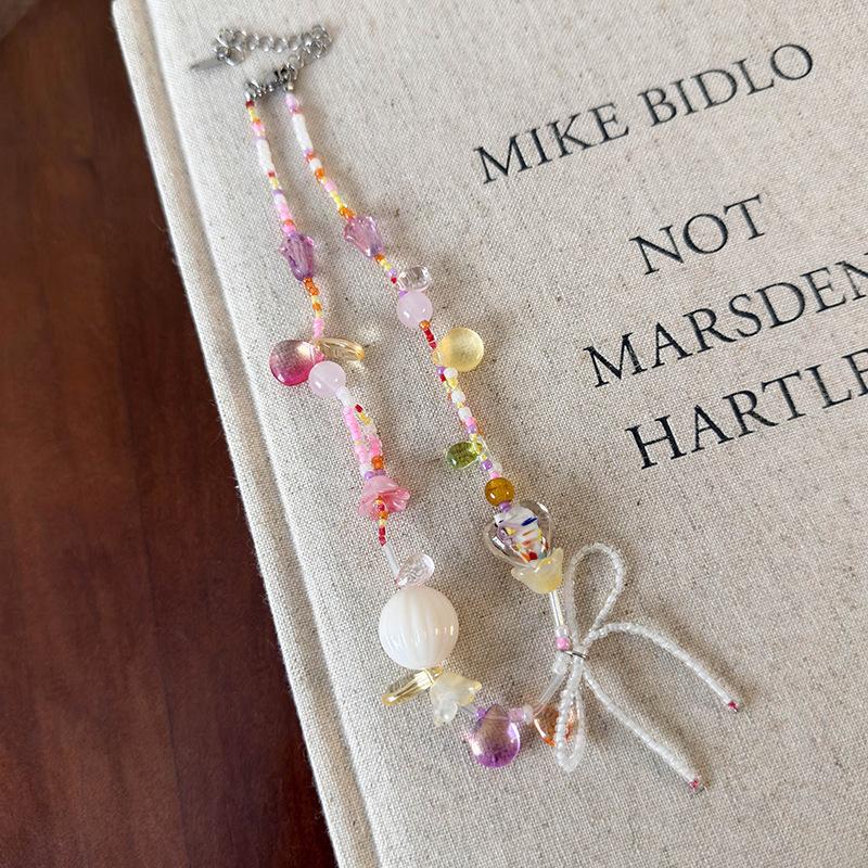 Summer Colorful Beaded Bow Necklace Women's New Dopamine Choker Sweet Spice Collarbone Chain