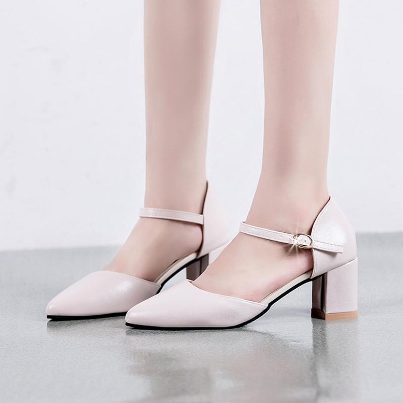 New Women Dress Shoes Cover Toe Ankle Strap Sandals Office  Mary Leisure Thick Heel Soft Bottom Simple Buckle Grace Single Shoe