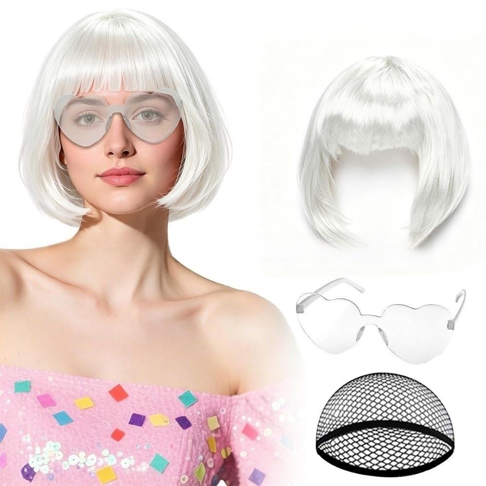 3Pcs Halloween Cosplay Wig Set Colorful Short Bangs Y2K Role-playing Short Hair Wig Halloween