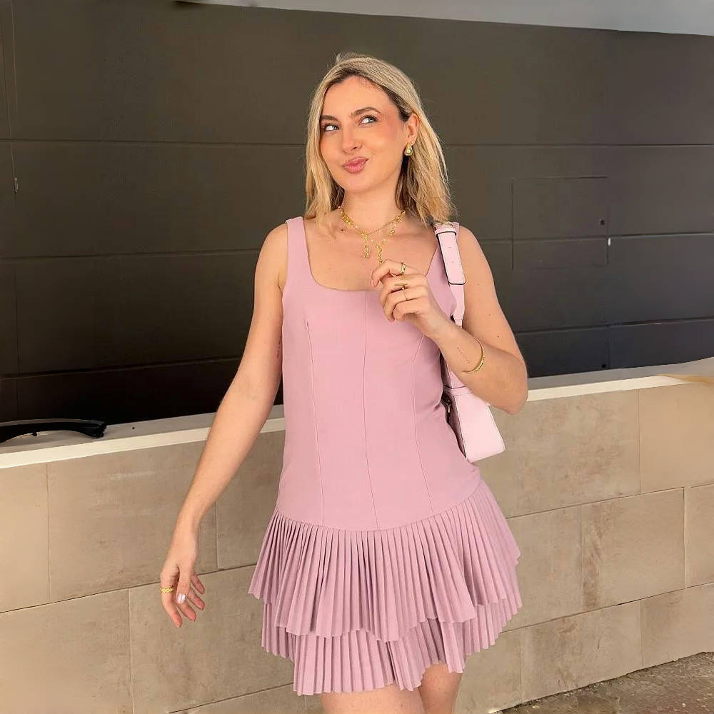 LYRIA Women Fashion Square Collar Sleeveless Solid Mini Dress Female Summer Pleated Dress Chic High Street Slim Short Dress