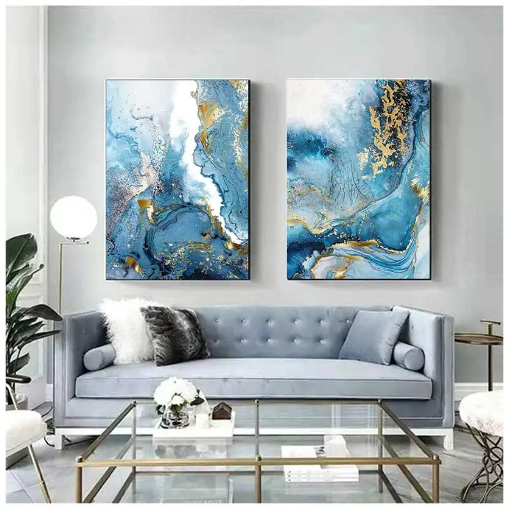 3 Pcs Gold Foil Blue Marble Texture Luxury Poster Prints Pictures Teal Watercolor Wall Art Canvas Painting for Modern Home Decor