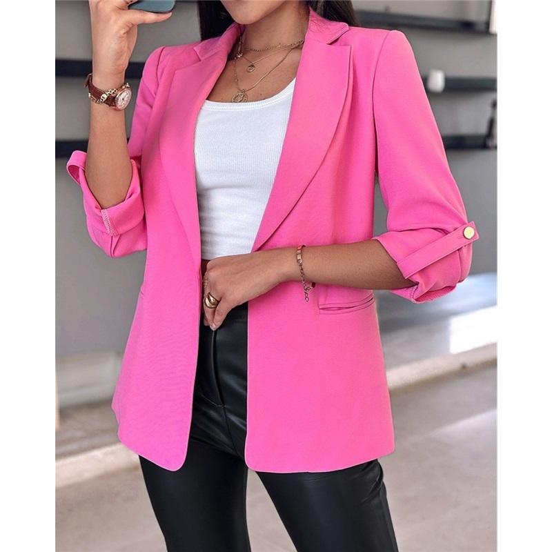 Women's Solid Color Long-sleeved Cardigan Suit Jacket, Business Style, Simple Unbuttoned Jacket For Formal Occasions
