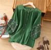 Baumwolle und Leinen Besticktes Rundhals-Shirt Damen Frühling und Sommer Locker Große Größe Modisch Elegant Lässig