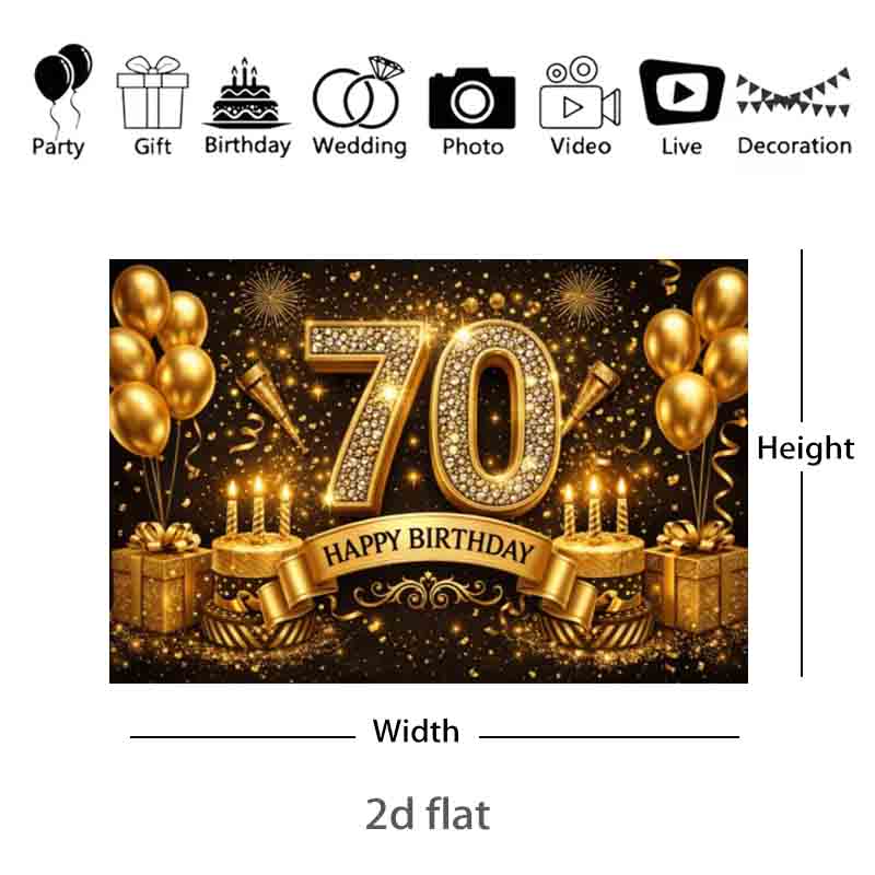 Black Gold 70th Happy Birthday Photography Backdrop Diamond Number Golden Balloon Cake 70 Years Old Birthday Party Photo
