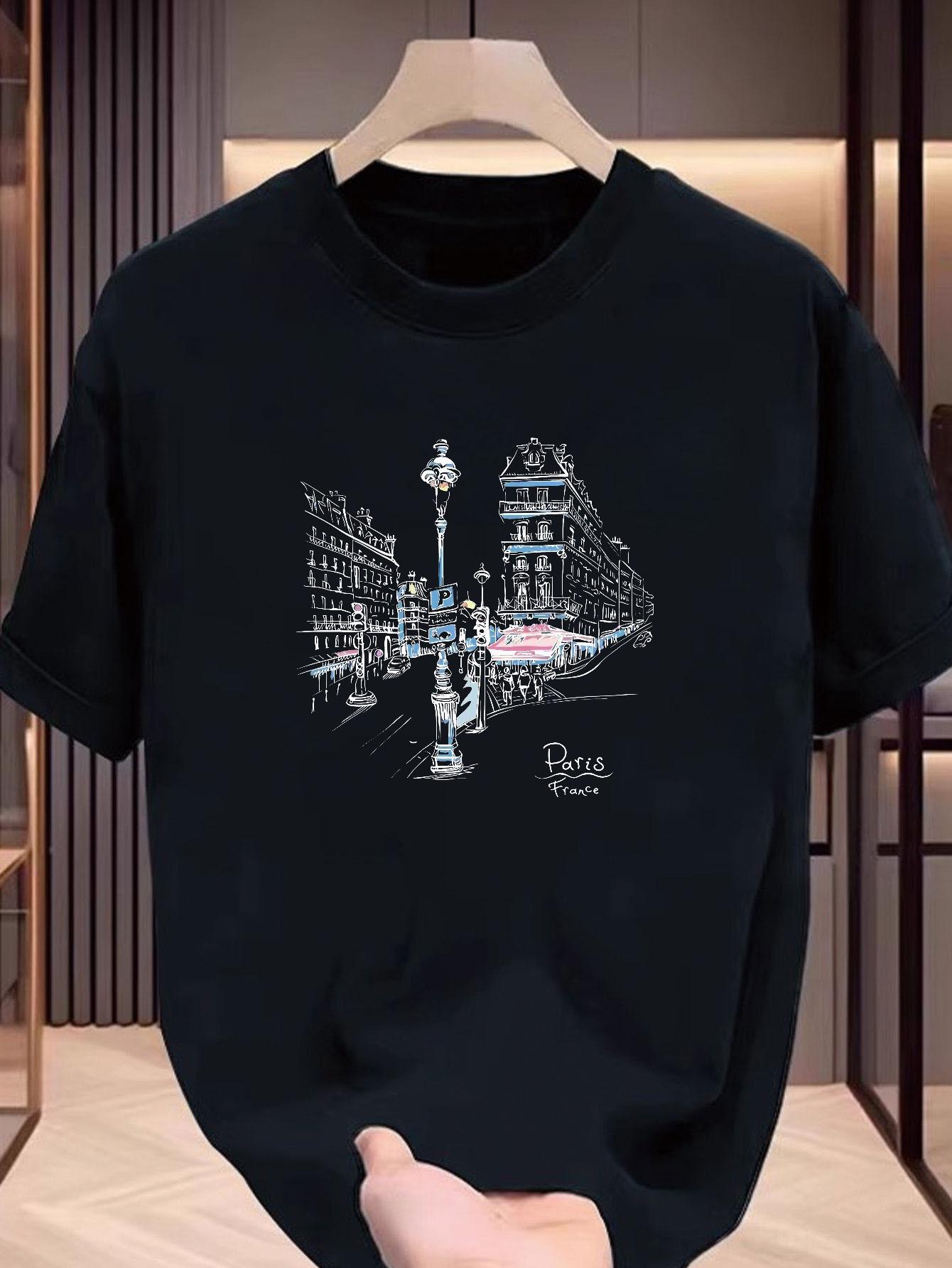 

Best Selling Summer Men s Paris Street Scene Printed Cotton T-Shirt for Casual Summer Wear Round Neck Short Sleeve Shirt Men Tee 4XL