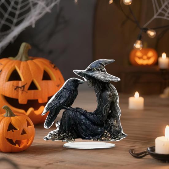 Halloween Crow Witch Acrylic Ornament 2D Spooky Raven Witch Table Sign with Base Home Office Bookshelf Desktop Decoration