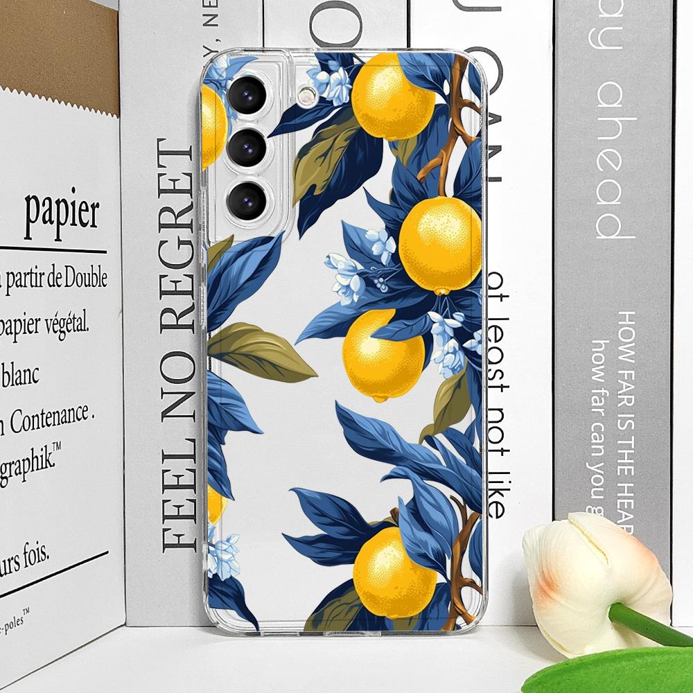 Blue Leaf Yellow Lemon Fresh Printed Clear Phone Case for Samsung Galaxy S26 S25 Ultra S24 S23 S22 Plus S21 FE S20 5G Soft Cover