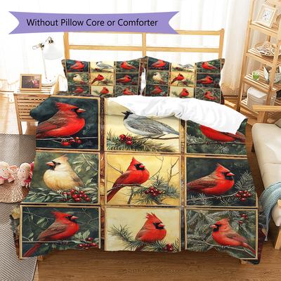 Cardinal Birds Pattern Bedding Quilt Set Quilt Cover Pillowcase Home Decoration Gift (1 * Duvet Cover + 2 * Pillowcase, Without Core)