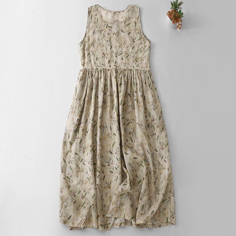 Xin Xing 2025 Summer Floral Cotton Linen Sleeveless Long Dress