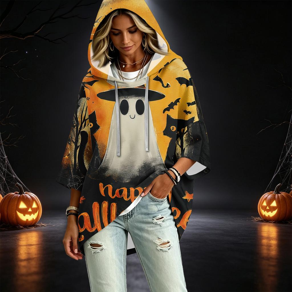 Women's Fashion 3/4 Sleeve Halloween Print Hoodie Pullover Top