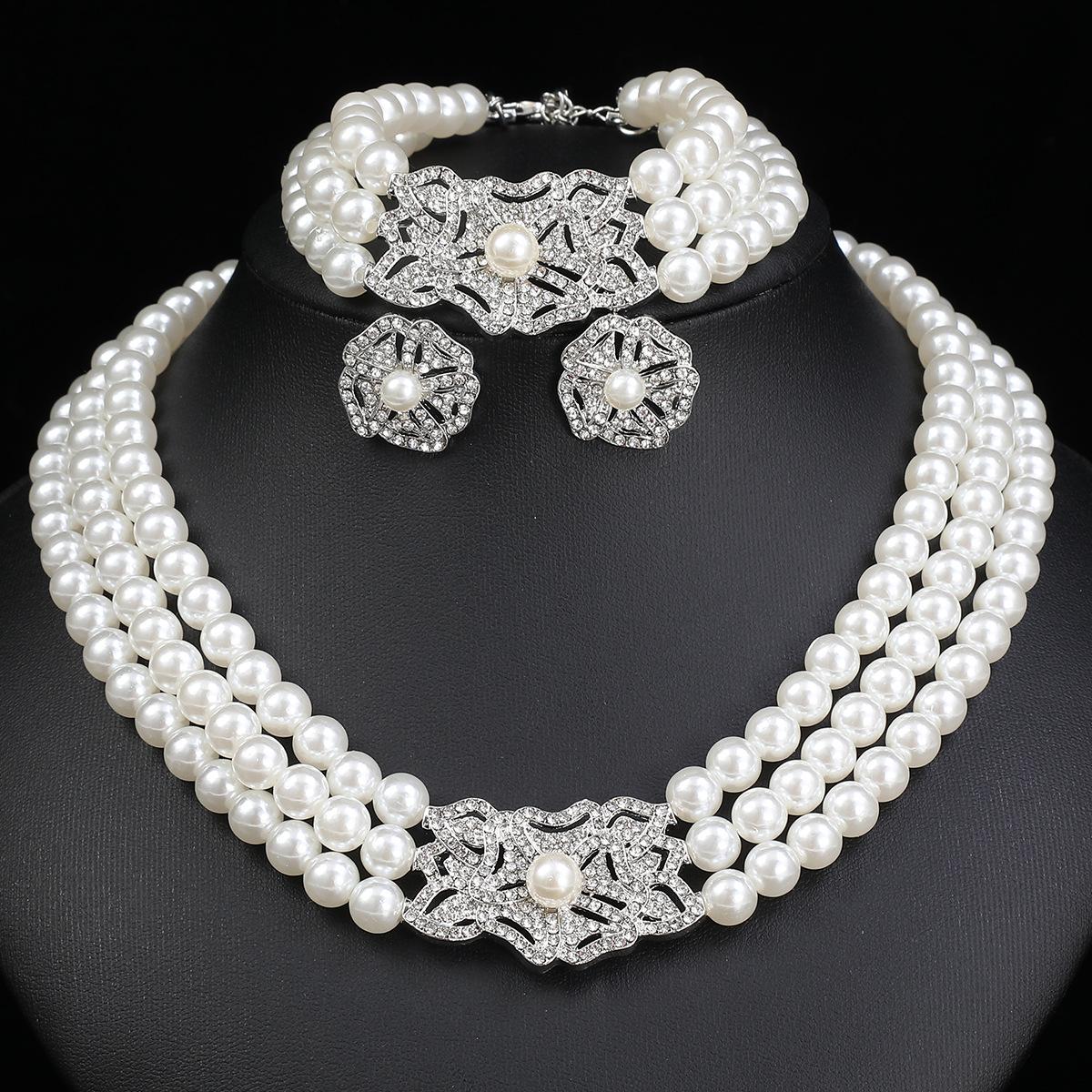 Exaggerated Jewelry Set Multi-row Pearl Rhinestone Necklace Bracelet Earrings Flower Wedding Bride Wedding Accessories