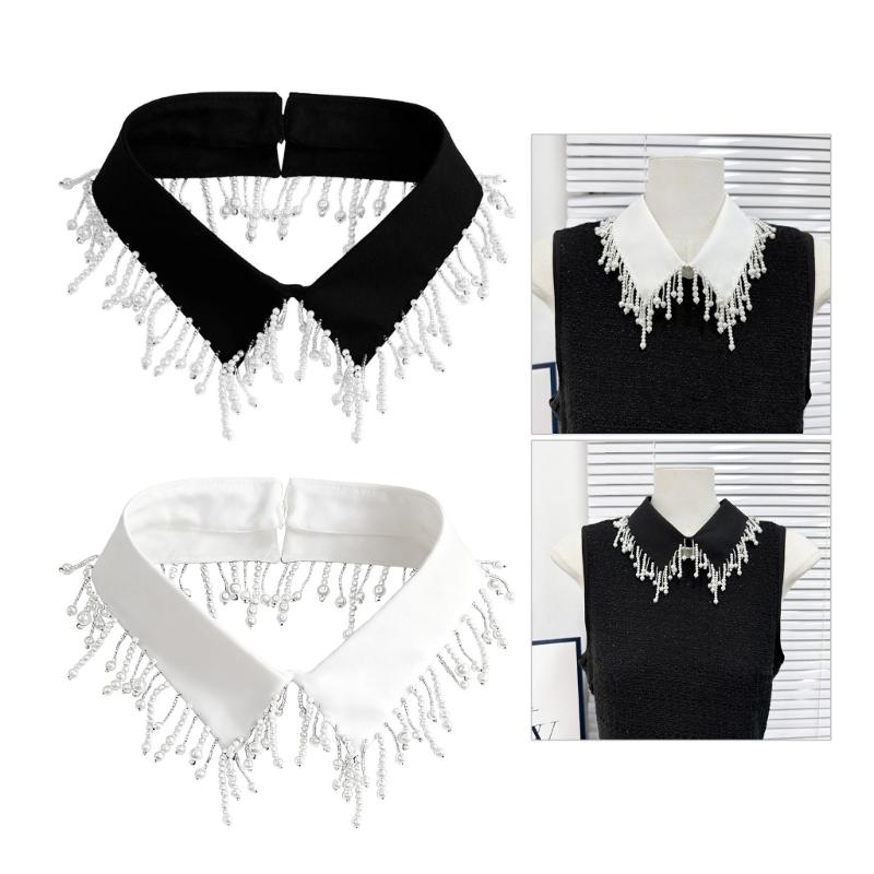 Elegant Pearls Beaded Tassels Trim Detachable Faux Collar for Women Fashionable Bib Choker Necklace Clothing Accessory