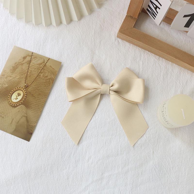 Beige Satin Ribbon Hair Set: French Bow, Japanese Sweet Style Hair Rope, Double Ponytail Clip, Bangs Accessory