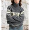 Damen Winter Fair Isle Strickjacke mit Reverskragen Doppelreißverschluss Lockerer Passform Pullover