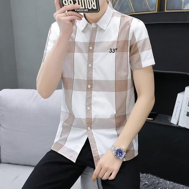 

Летняя мужская тонкая приталенная рубашка с коротким рукавом и принтом S хаки