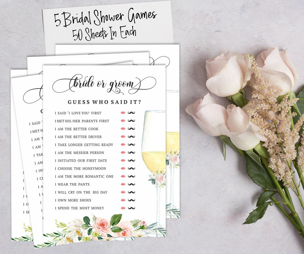 Inkdotpot Bachelorette Party Games Set Bundle of 5 (Activities for 50 Guests) Floral Brunch & Bubbly Theme Fun Bridal Shower Games Set