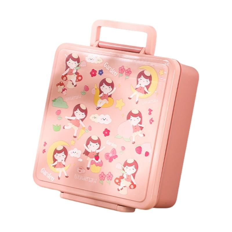 

Cartoon Kids 4 Compartment Lunch Box With Leakproof Soup Bowl Large Capacity Container For School Outdoor рожевий