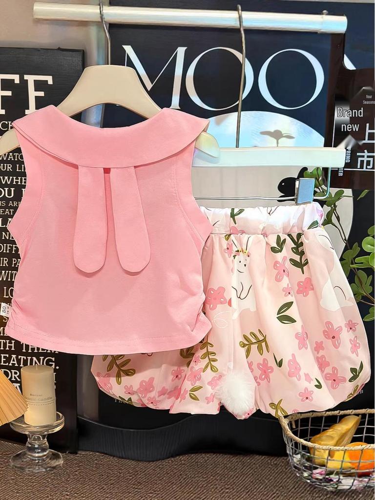 Sommer 2026 Niedliches Puppenkragen Kaninchen Blumen-Bubble-Hosen-Set für Kleinkind-Mädchen