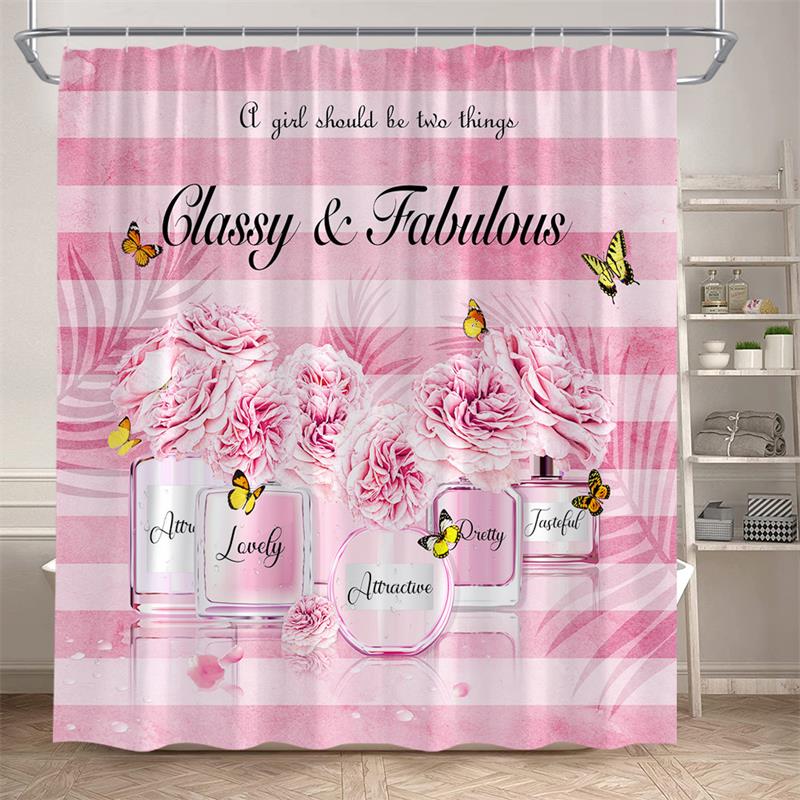 Floral Perfume Shower Curtains Pink Flower Butterfly Red High Heel Black White Stripe Fashion bath Curtain Fabric Bathroom Decor