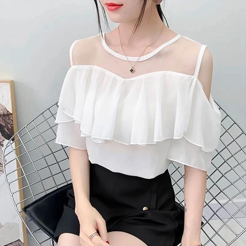 Women Off Shoulder Sexy Chiffon Blouses Summer Korean Fashion Clothes Ruffles Slim Sweet Ladies Casual Lace Tops Shirts Y2k