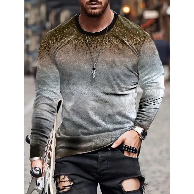 Vintage T-Shirt for Men Irregular Plaid Graphic T Shirts Round Neck Long Sleeve Tee Oversized Man Clothing Top