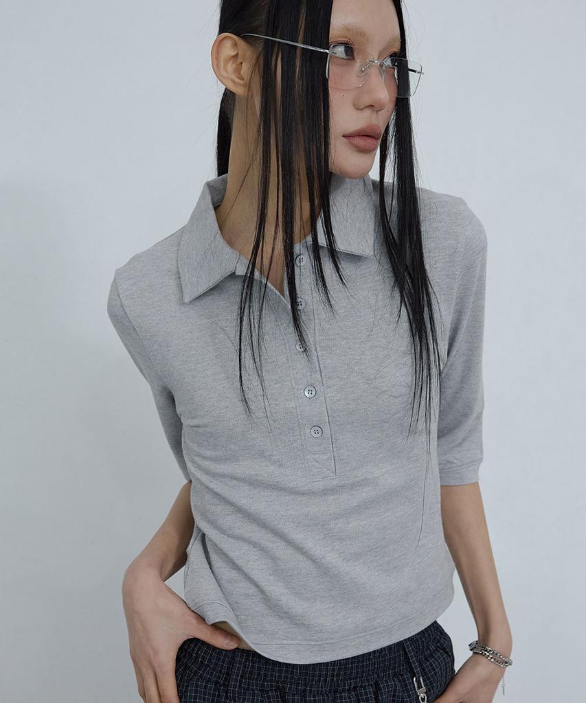 Uusoo Cotton Pique Long Sleeve Top_ Melange Gray