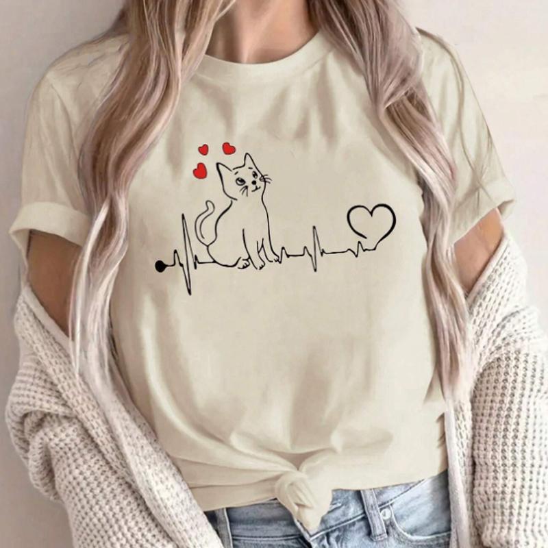 Fashion Women Beautiful Cat Lines with Love Print T Shirt Funny Casual O-neck Short Sleeves T-shirt Summer Female Tee Shirt