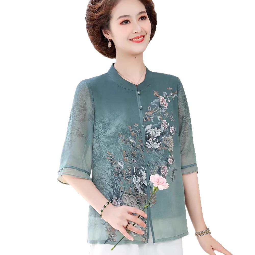 Stylish Chiffon Blouse: Chinese-Style Short-Sleeve Top for Middle-Aged Women