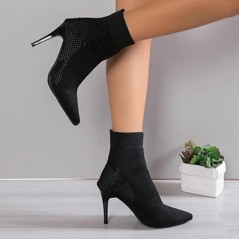 Pointed Toe High Heels Shoes for Women Sexy Ankle Chelsea Boots Winter Knitting Sock Botas  New Designer Femme Pumps Zapatos