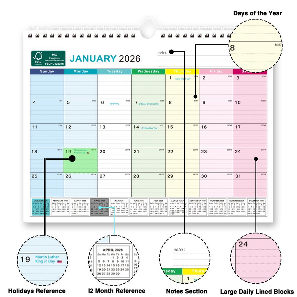 FSC Certified Wall Calendar 18 Months Multilingual Design With 5 Countries Holidays