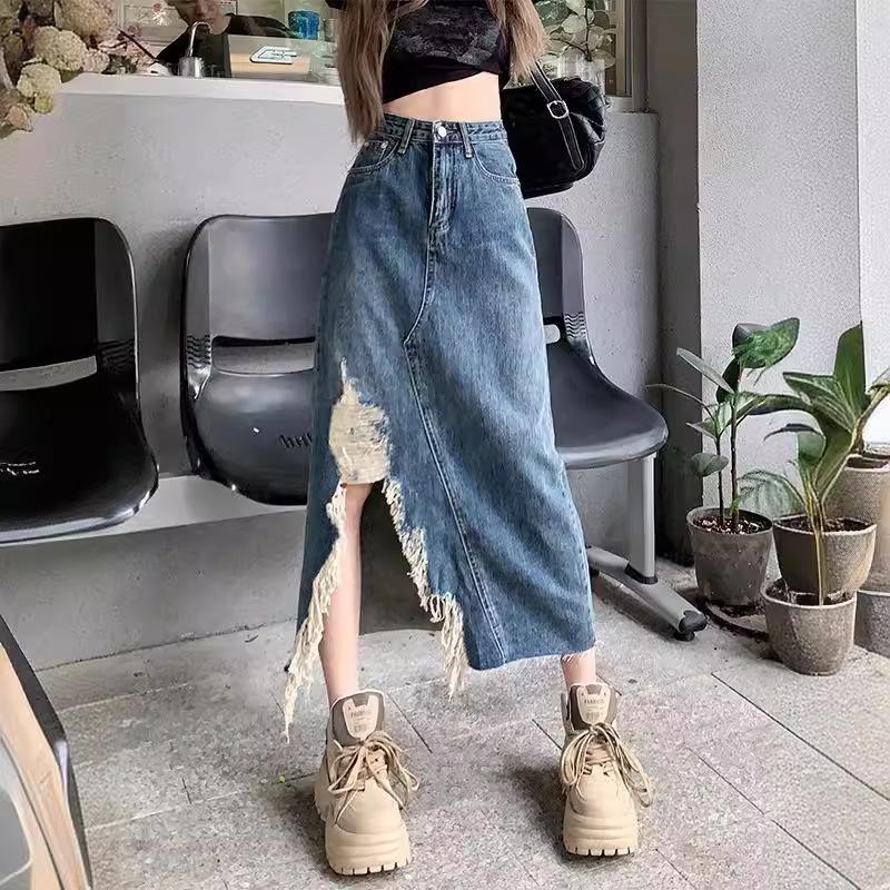 Plus Size High Waist Ripped Denim Midi Skirt - Summer Slimming A-line with Irregular Slit