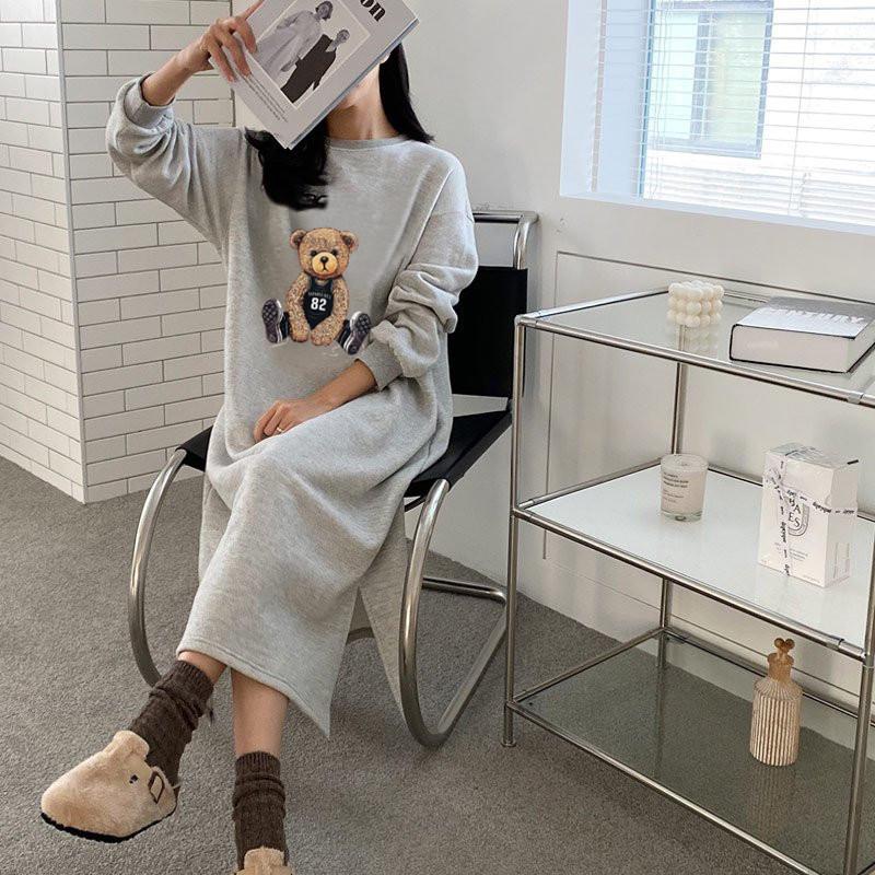 Long Fleece Lined Hooded Dress Women's Loose Fit French Style Outerwear Autumn plus Size Knee Length Gown round Neckline