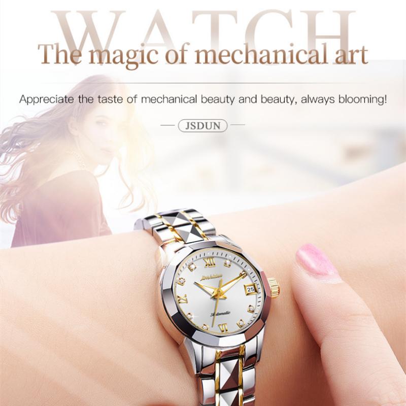 JINSHIDUN New Business and Leisure Ladies Watch Single Calendar Tungsten Steel Mechanical Watch Luminous Waterproof High-end Watch