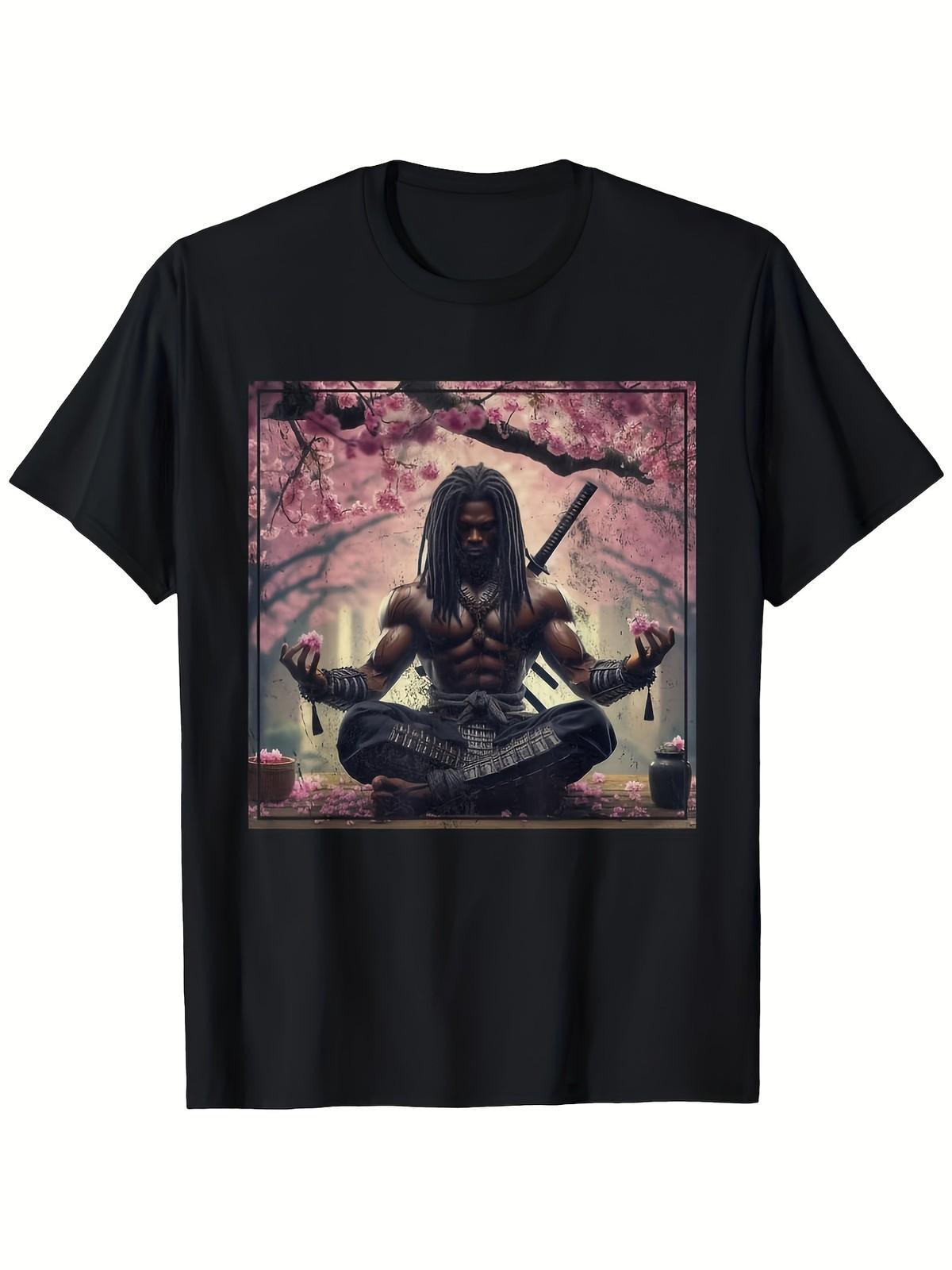 Japanese Samurai Meditation Graphic T-Shirt Cherry Blossom Warrior Tee XXL