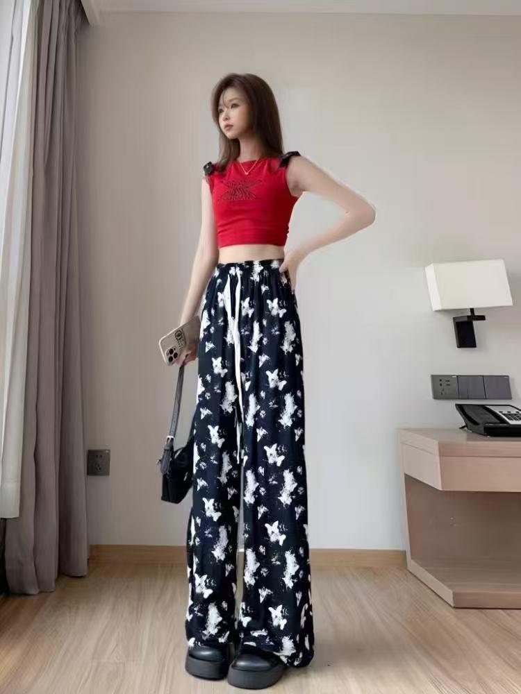 

2025 High-Waisted Tie-Dye Jacquard Wide-Leg Ice Silk Pants One Size (80-140)