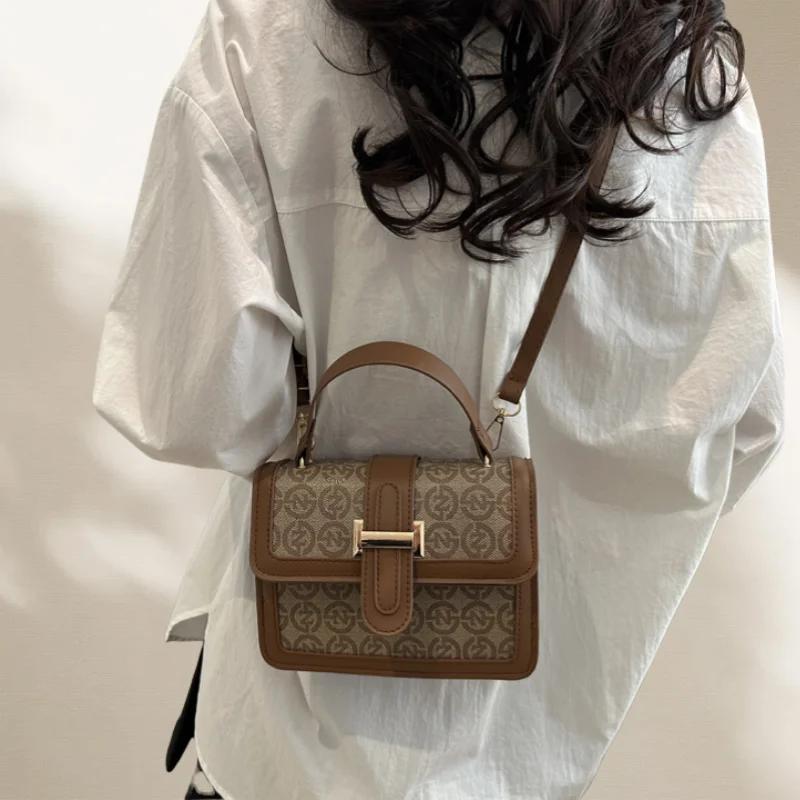 Printed PU Leather High-End Retro Textured Women Handbag Fashionable Shoulder Crossbody Small Square Bag