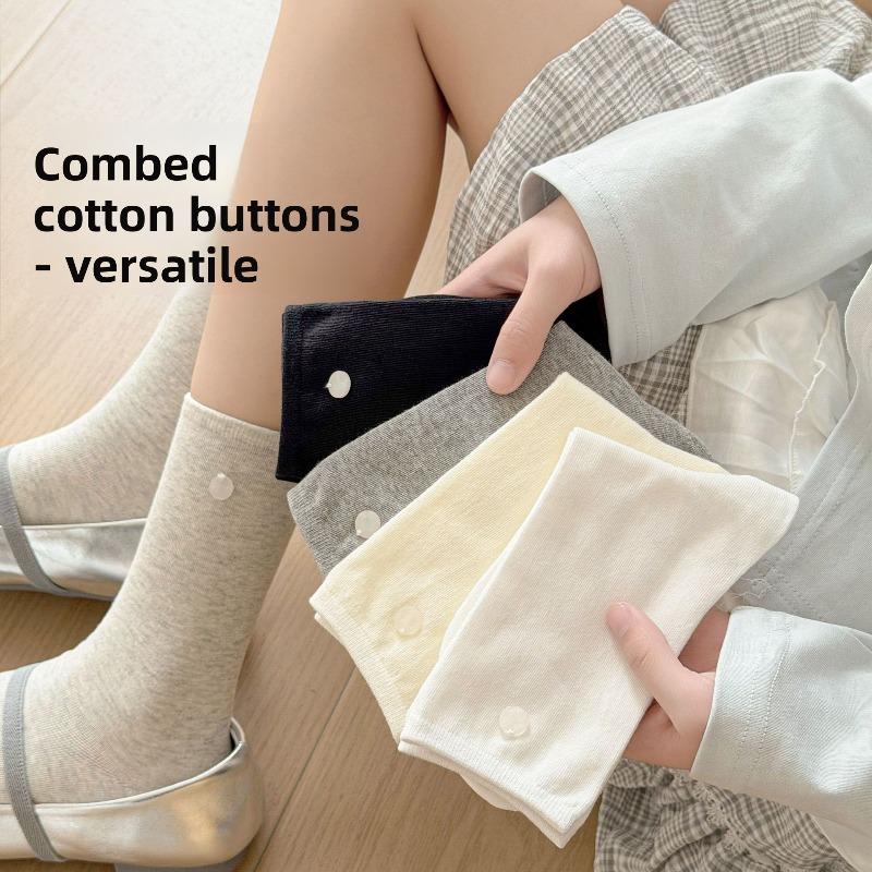 Buttoned Socks - Children's Spring Pure-color Versatile Mid-calf Socks, Pile Socks, Combed Cotton Mid-calf Socks