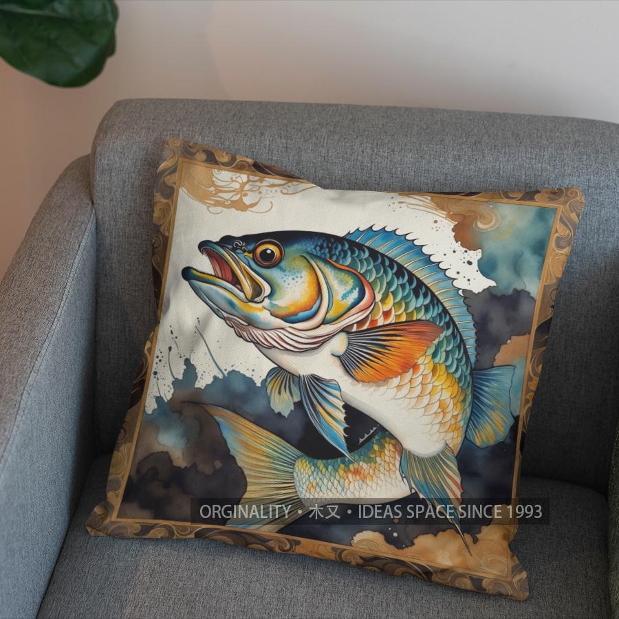 2D Stylish Koi Fish Pattern Throw Pillow Cover Pattern Cushion Cover Suitable For Sofa Bedroom Car Pillow Cover