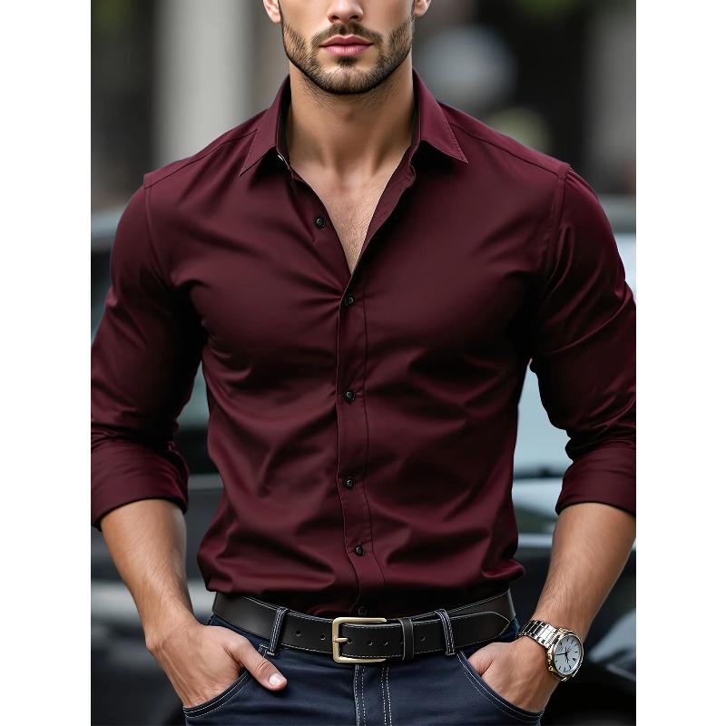 New Men Shirt Brand New Solid Color Long Sleeve Elastic Fabric Men's Multiple Colors Male Quality Basic Shirt